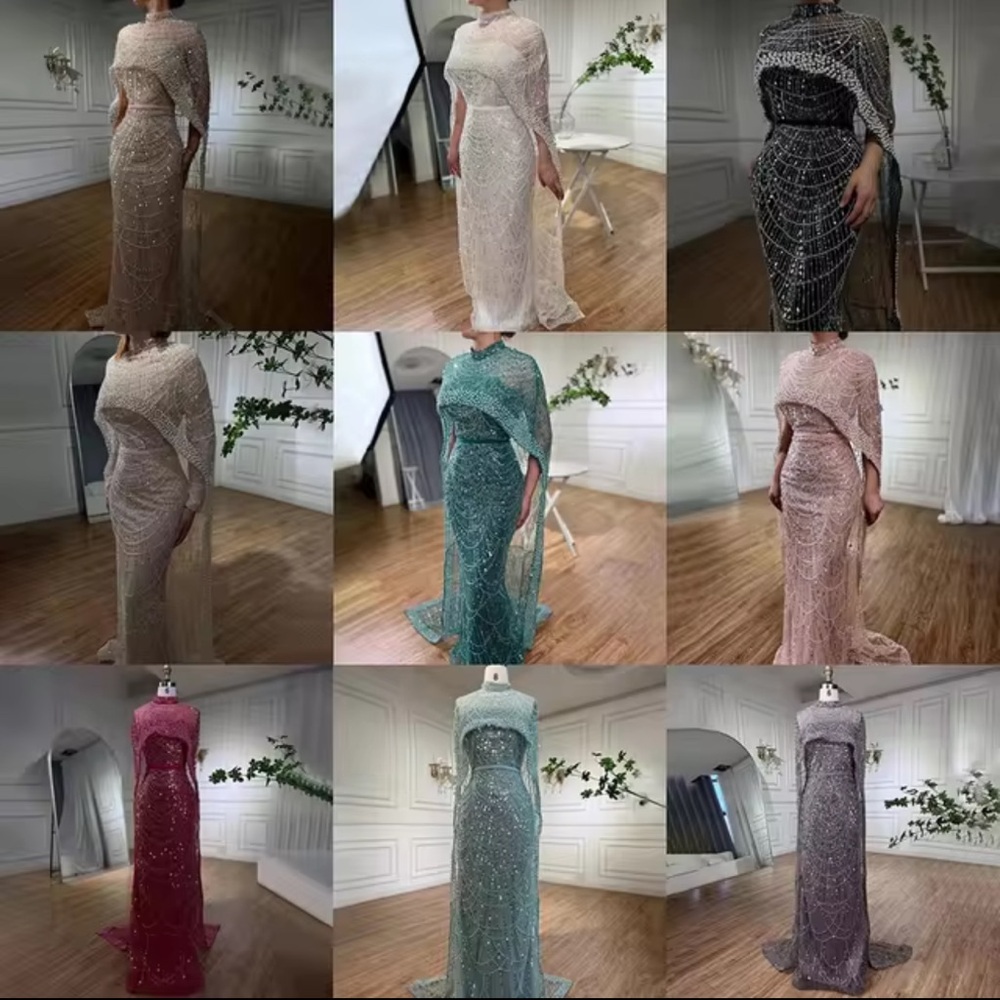 Dubai Arabia  Nude Mermaid  Long  Cape Luxury Evening Dresses Gowns - Picture 4 of 13